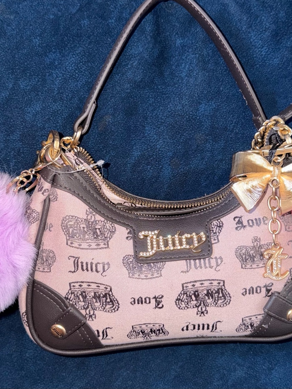 Juicy Couture Pink Logo Satin Shoulder Bag with Gold Accents long cross body